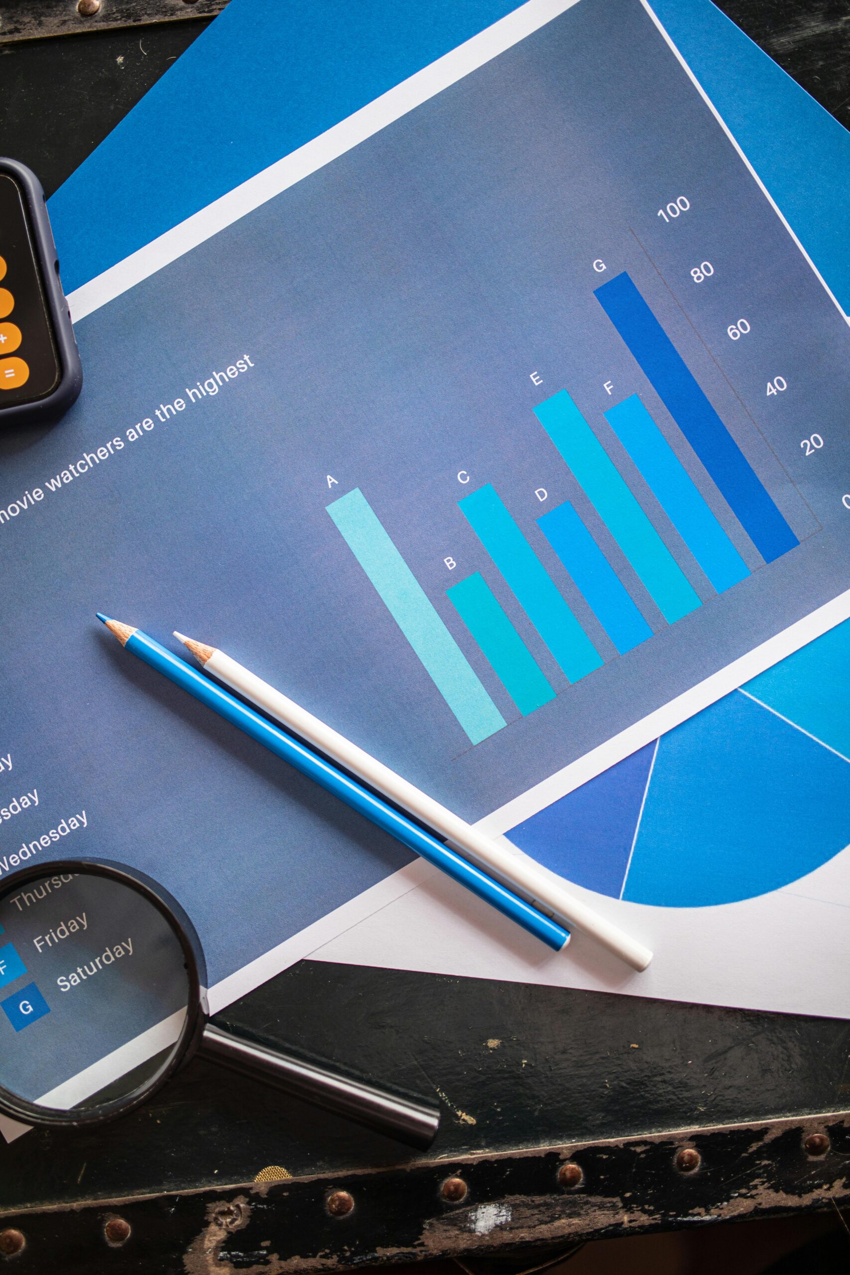 Analyzing business charts with pencils, calculator, and magnifying glass in an overhead flat lay.